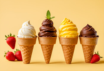 Various ice cream cones on yellow background
