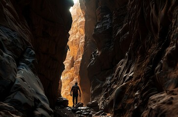 t shows an explorer standing in the entrance to a deep cave, holding up their flashlight as they walk inside - obrazy, fototapety, plakaty