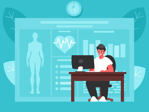 Computer diagnostics of health. Doctor working at computer. Man in the workplace working at PC. Background with medical indicators. Medical banner with body. Modern healthcare concept