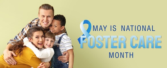 Banner for National Foster Care Month with happy couple and little children