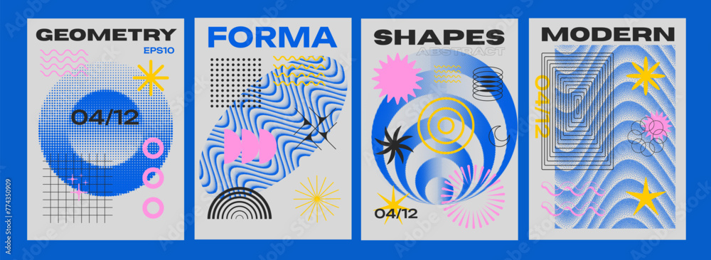 Poster set of cool futuristic trendy brutalist posters. collection of abstract geometric pattern shapes.