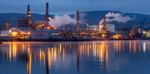 Obraz premium Industriepark mit einer Ölfabrik und einem Hafen davor, beleuchtet durch Lichter. Schornsteine, aus denen Dampf austritt, oder leichte Wolken aus Gebäuden, Spiegelung im Wasser, Konzept Industrie