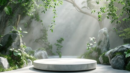 Fototapeta na wymiar White circular platform with sunrays and plants. Eco products display stand.