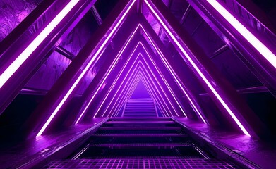 purple neon light in the shape of an isosceles triangle illuminates and reflects on metal ladders - obrazy, fototapety, plakaty