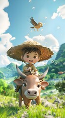 A cute little farmer boy is sitting on the back of an ox, with grassland and blue sky in the background. A swallow flies above him. 