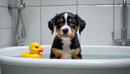 Cute little dog bernese puppy with yellow rubber duck in bath. - obrazy, fototapety, plakaty