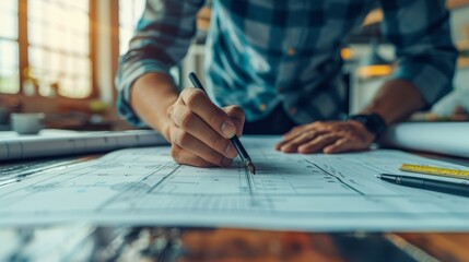Man and Woman in Hardhats Working on Blueprint