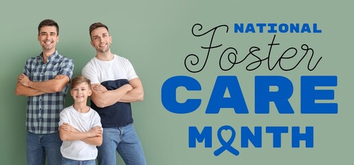 Banner for National Foster Care Month with happy gay couple and little boy
