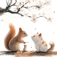 Squirrel and cat in the park. 