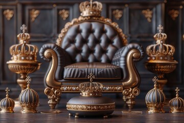 Royal chair, mantle, pillow, gold crown of king. Modern set of 3d icons - obrazy, fototapety, plakaty