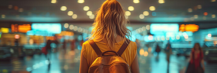 Young female traveler passenger walking with a yellow suitcase at the modern Airport Terminal, Back view of woman on her way to flight boarding gate, Ready for travel or vacation journey - obrazy, fototapety, plakaty