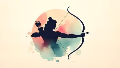 Watercolor  illustration for ram navami with a silhouette of lord rama holding bow and arrow.