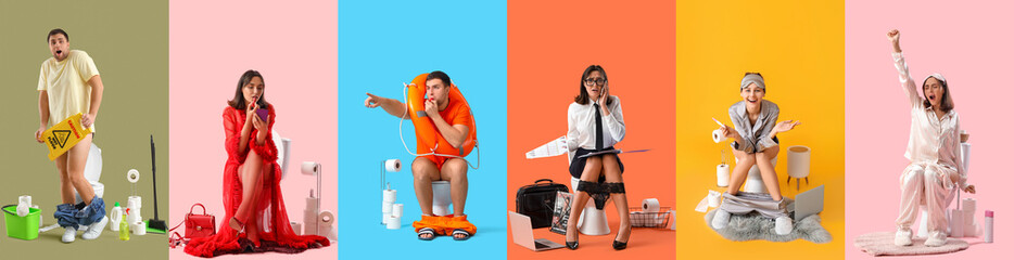 Set of funny young people sitting on toilet bowls against color background