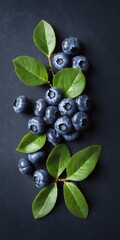 Obraz na płótnie Canvas Fresh blueberries with bluberry leaves on dark background