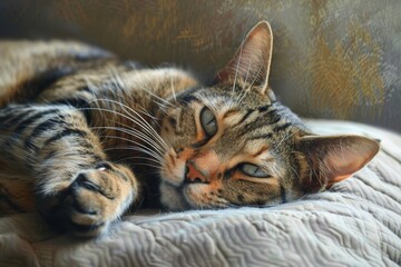 Domestic Bengali cat lounges on soft pillow gazing elsewhere