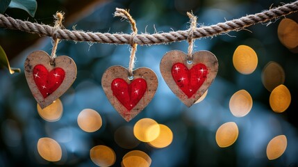 String of Hearts Hanging From Rope - obrazy, fototapety, plakaty