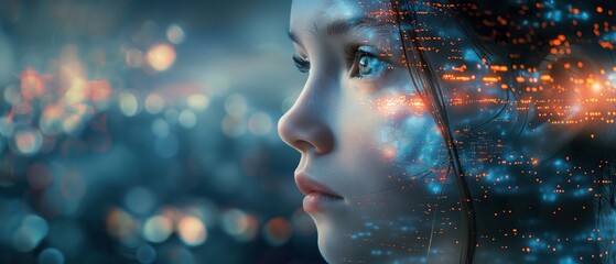 Close-up of a woman's face with vibrant light particles, depicting digital beauty and futuristic concep