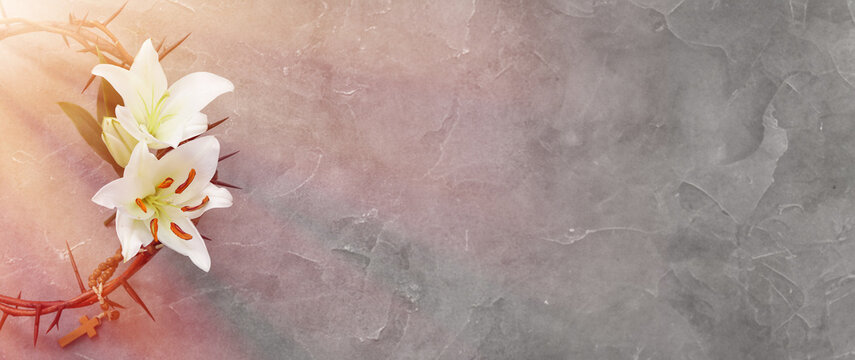 Crown of thorns, white lilies and prayer beads on grey background with space for text - Powered by Adobe
