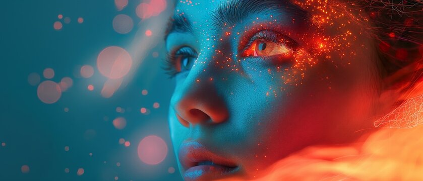 Futuristic female portrait with a network of bright cyber particles, blending human and digital worlds