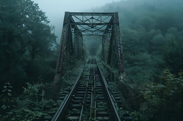 cinematic photo of an old, steel bridge with arches and barbs, standing in the middle of a dense...