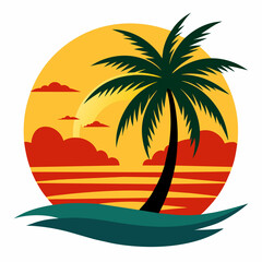 Obraz premium Tropical Sun and Palm Tree T-shirts design, Vector retro sunset and palm silhouettes, Graphics for apparel, icon, logotype