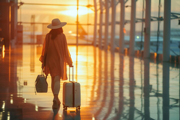 Young woman in hat with baggage in international airport. Airline passenger in an airport lounge...