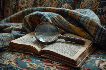 A cozy reading atmosphere, showcasing an open book and a magnifying glass on a richly patterned fabric.