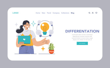Differentiation web or landing. Confident woman showcases bright idea among