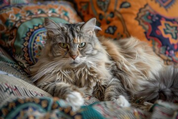Fluffy Sacred cat of Burma resting in a bed portrait