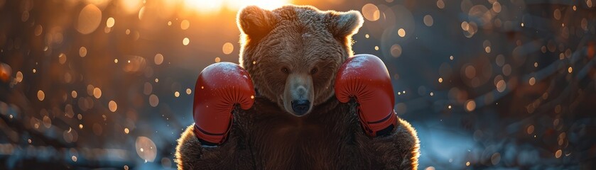 Bear doing a victory pose with boxing gloves on, medium shot in the golden hour light - obrazy, fototapety, plakaty