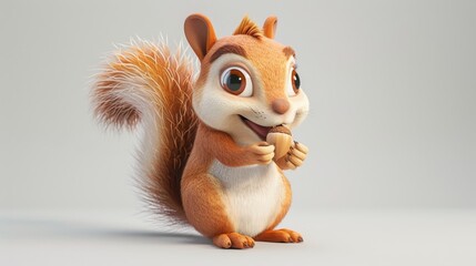 A cartoon squirrel is holding an acorn in its mouth. The squirrel is smiling and he is happy