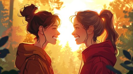 Two Women Smiling and Facing Each Other in a Nature-Themed Cartoon Setting Generative AI