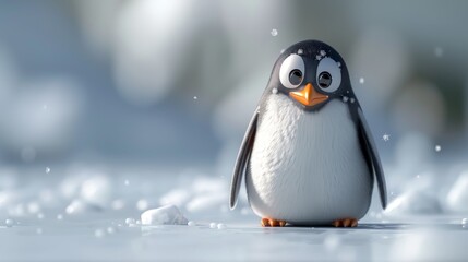 A penguin is standing on a snowy surface with a serious expression on its face. The scene is set in a winter landscape, with the penguin being the main focus of the image