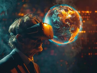 Close-up of a businessman in a dark room, wearing VR goggles, with a holographic globe showing carbon emissions hotspots - obrazy, fototapety, plakaty
