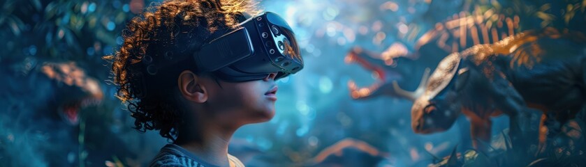 Close-up of a child wearing VR goggles, surrounded by digital animals in an immersive learning environment - obrazy, fototapety, plakaty