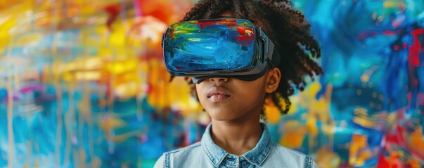 Close-up of a child's focused face while using VR for art class, painting with holographic colors and brushes