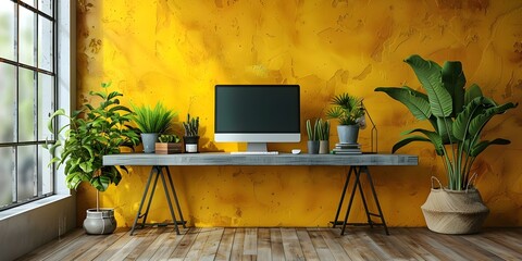 Vibrant modern office interior with computer plants and bright colors suitable for Labor Day or Learning at Work Week. Concept Office Decor, Modern Design, Vibrant Colors, Labor Day