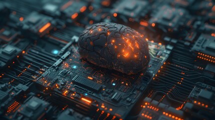 Künstliche Intelligenz, Menschliches Gehirn verknüpft mit neuronalen Netzen und Schaltkreisen und Computerchips, Konzept Maschinenlernen