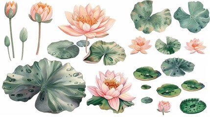 Charming Watercolor Clip Art: Peach Waterlilies and Lily Pads on White Generative AI - obrazy, fototapety, plakaty
