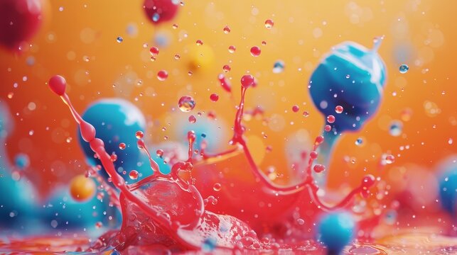 A splash of red, blue, and yellow paint on a yellow background. The colors are bright and vibrant, creating a sense of energy and excitement. The splatter effect gives the impression of movement