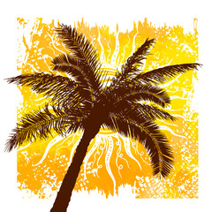 Palm trees on a sunny yellow background. Hello summer camp poster. hand drawing. Not AI. Vector illustration
