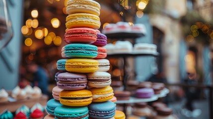 A stack of colorful macarons on a table. The macarons are in various colors and are arranged in a pyramid shape. The scene is lively and inviting, with the macarons being the main focus