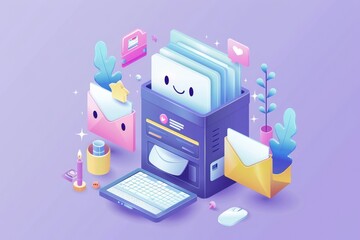 Cute, isometric email filter sorting incoming mail into safe and spam categories, with character faces - obrazy, fototapety, plakaty