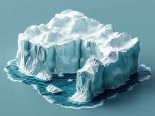 Close-up on an isometric, minimal representation of a glacier splitting, indicating melting ice - obrazy, fototapety, plakaty