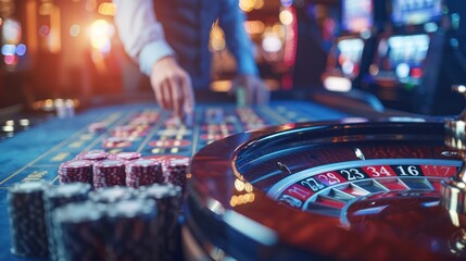 Close-up on holographic roulette wheel and betting table in VR, with a businessman placing digital chips on his lucky numbers - obrazy, fototapety, plakaty