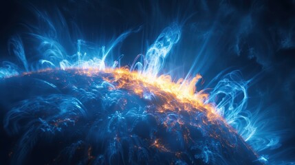 Detailed shot of the sun's corona, with filaments and flares visible against a dark, cold blue background - obrazy, fototapety, plakaty