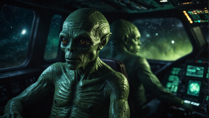 Zwei grüne, außerirdische Aliens sitzen im Cockpit eines Raumschiffes - obrazy, fototapety, plakaty