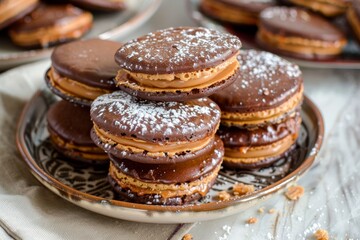 Alfajor cookies with caramel on a plate on a table - obrazy, fototapety, plakaty