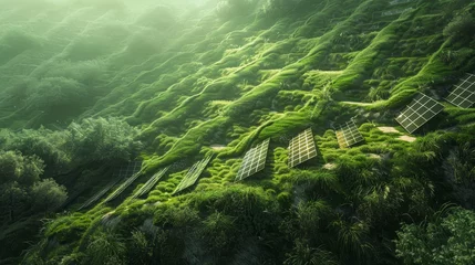 Papier Peint photo Lavable Olive verte A lush green hillside with a row of solar panels. Concept of harmony between nature and technology, as the solar panels blend seamlessly into the natural landscape. The bright green color of the grass