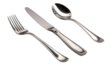 A fork, knife, and spoon arranged neatly on a clean white background